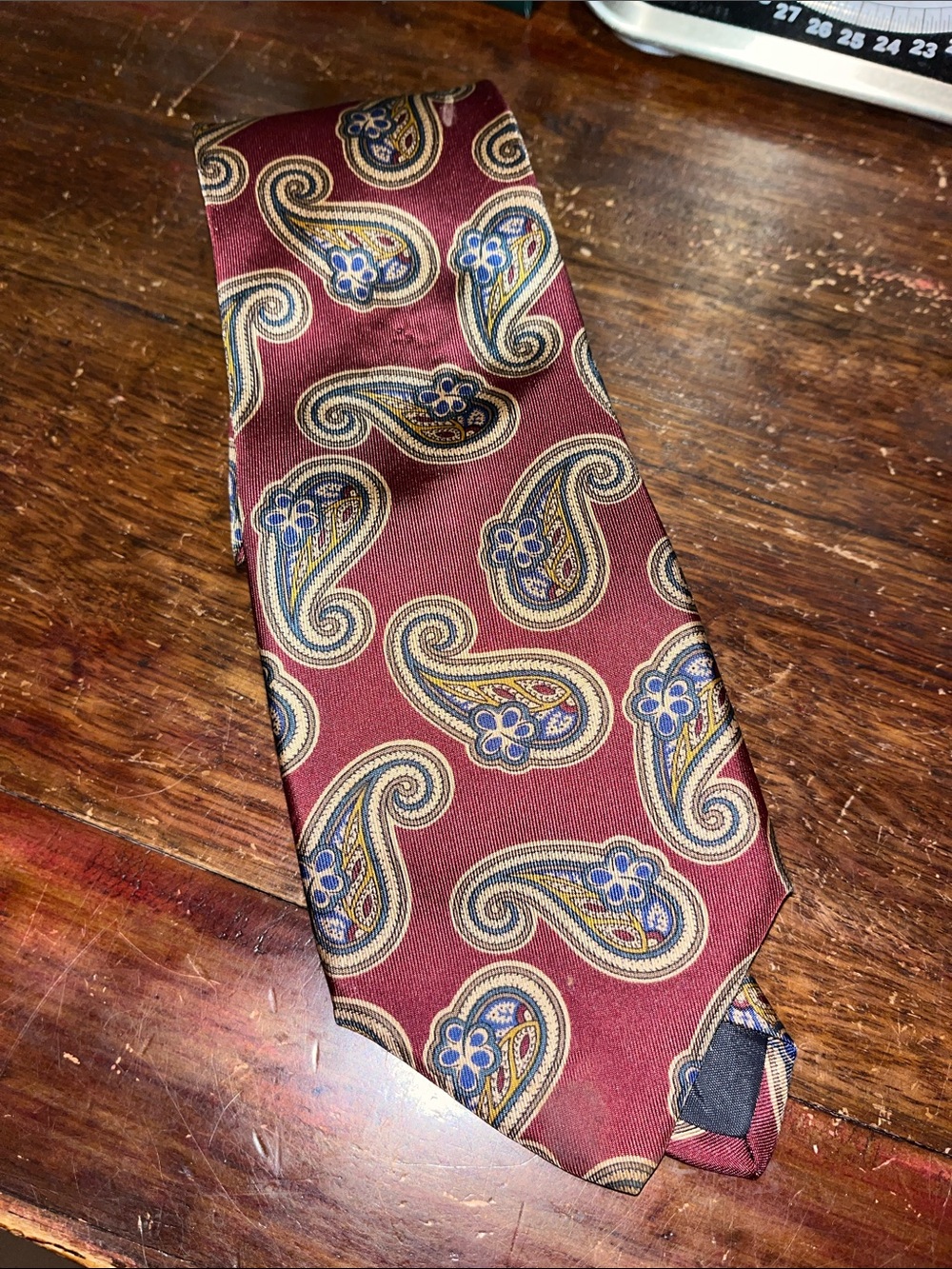 John Henry Red Vintage Paisley Tear drop neck Tie silk Made in USA